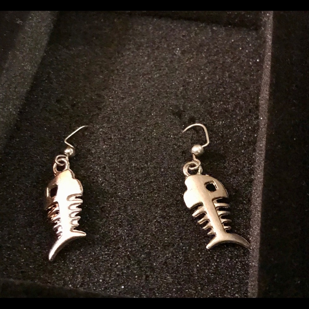 Silver fish bone earrings